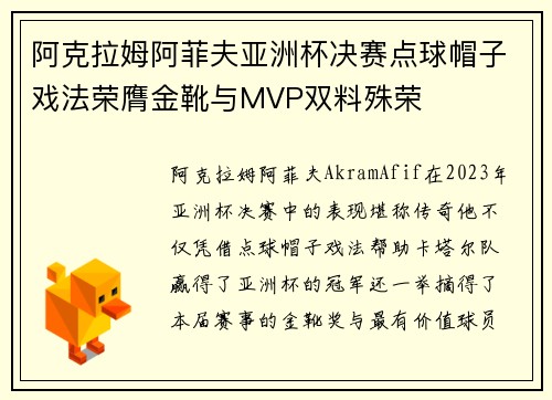 阿克拉姆阿菲夫亚洲杯决赛点球帽子戏法荣膺金靴与MVP双料殊荣